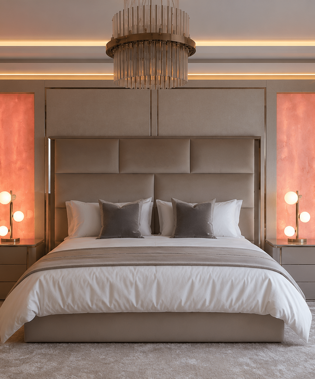 A luxurious bedroom with a beige upholstered headboard, a large crystal chandelier, and two modern globe lamps.