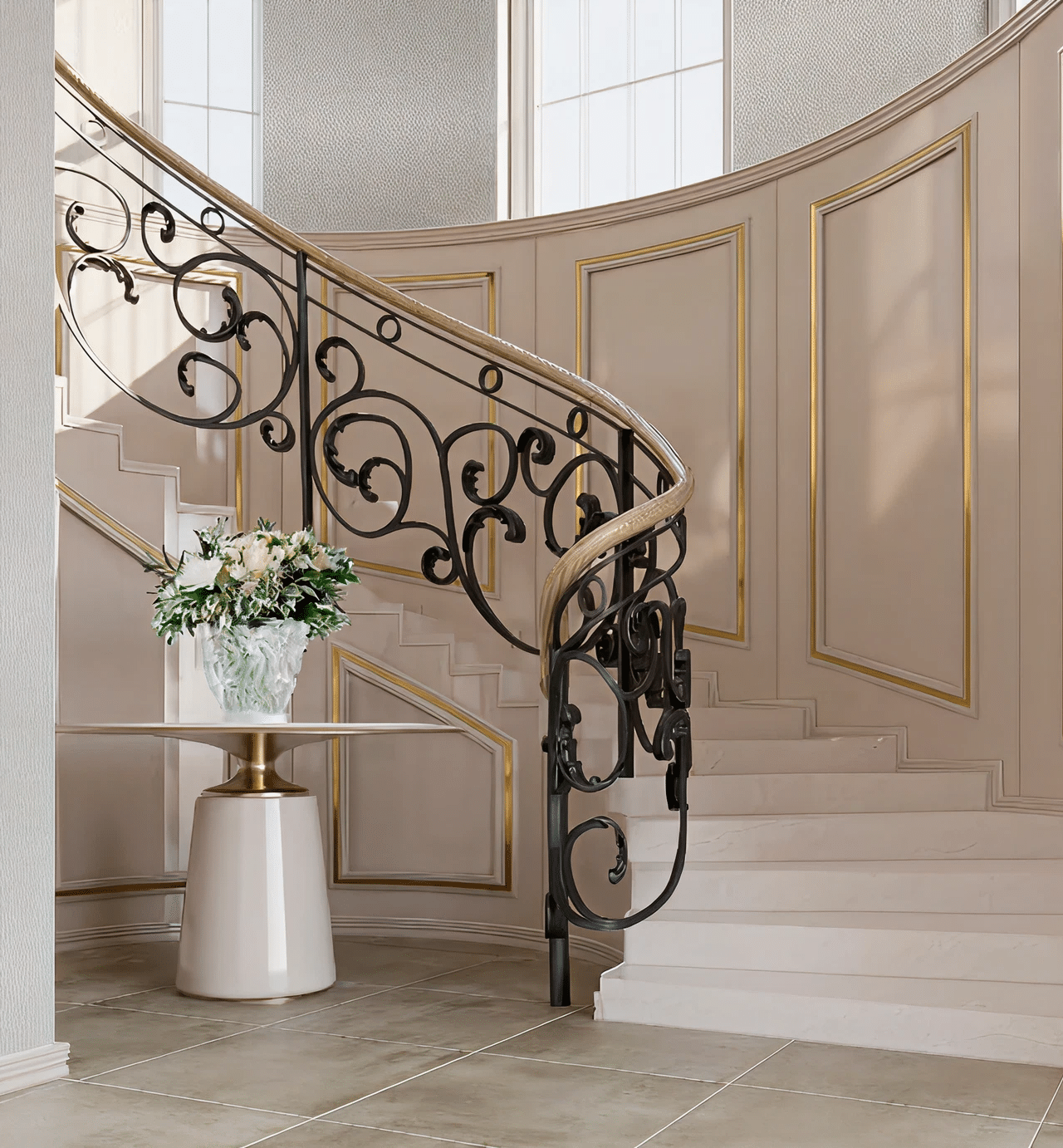 A grand curved staircase with white steps, a black wrought iron railing, and a white vase of flowers on a table.